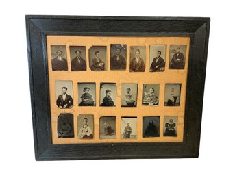 Framed Collection Of Eighteen Antique Tintype Portraits In Black Oak Frame