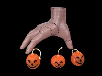 Vintage Halloween Decorations Rubber Disembodied Frankenstein Hand And Jack O Lantern Candles