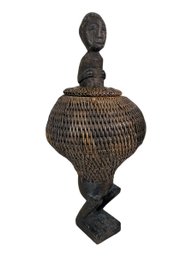 Vintage African Carved Wood And Woven Figural Basket