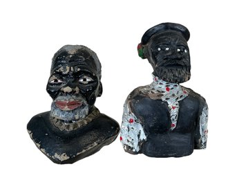 Pair Of Clay Busts Folk Art