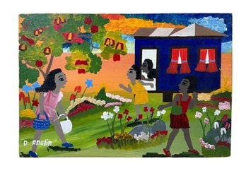 Dolores Anglin Jamaican Artist Acrylic On Board Of Family Scene