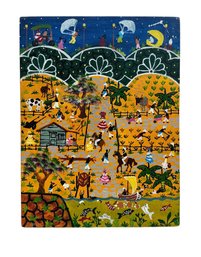 African Folk Art Acrylic On Fabric Of Fanciful Scene Indistinctly Signed