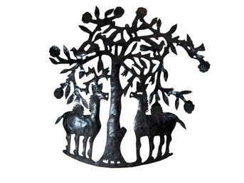 Vintage Haitian Metal Sculpture Of Horses Under A Tree Indistinctly Signed