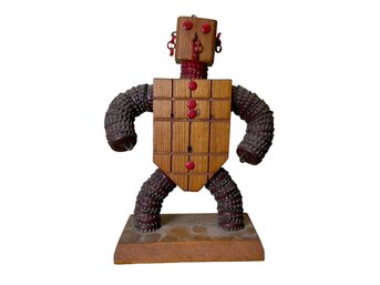 Wooden Robot Figure Folk Art Bottle Cap Sculpture