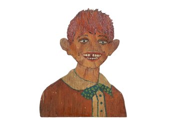 Antique Folk Art Painted And Carved Caricature Plaque Of A Smiling Boy