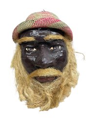 Vintage Folk Art Papier Mache Mask Of A Bearded  African American Man In A Straw Hat