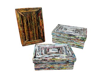 Folk Art Boxes And A Frame Made From Rolled Magazine Pages