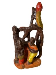 Vintage African Carved Wooden Sculpture With Figures And A Snake With A Human Head