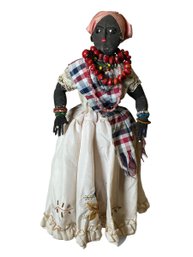 Vintage Or Antique Jamaican Doll With Bead Necklaces And Fancy Embroidered Skirt