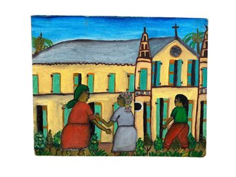 Vintage 1991 Haitian Artist Laurent Olivier Oil On Canvas Painting Of Church Scene