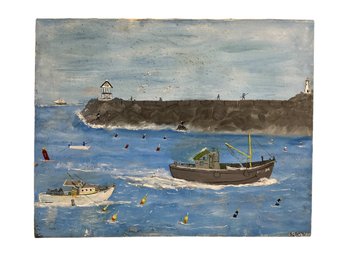 Vintage Folk Art Oil On Canvas Painting Of Ships In Harbor And Fishermen Signed L R Corliss