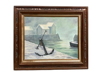 Vintage Oil On Board Painting By F Williams Of Snowy Winter Dock Scene