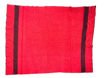 Vintage Red Wool Blanket  With Two Black Stripes Maker Unknown 75 Inches By 58 Inches