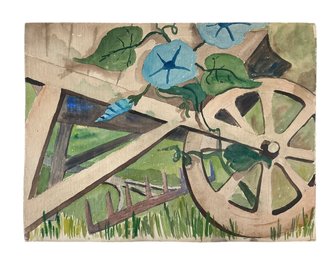 Artist Unknown 1940s American Modernism Double Sided Watercolor Of Garden And Wheelbarrow And Church Scene