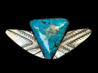 Large Southwestern Style Sterling And Turquoise Brooch