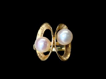 Midcentury 18K Gold Double Pearl Cocktail Ring