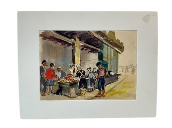 Attributed To Helen Stein Gloucester Artist Watercolor Of A Mexican Market Scene