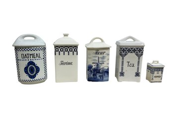 Assembled Set Of Blue And White Porcelain Antique Kitchen Canisters Oatmeal Tea Farina Flour Pepper