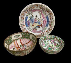 Three Decorative Chinese Vessels Including Two Bowls And A Large 14 Inch Platter