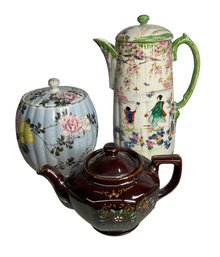 Three Antique And Vintage Japanese Porcelain Vessels Including Biscuit Jar Coffee Pot And Tea Pot