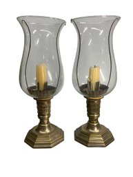 Pair Of Large Brass Candlesticks With Hurricane Shades And Removable Metal Candleholders