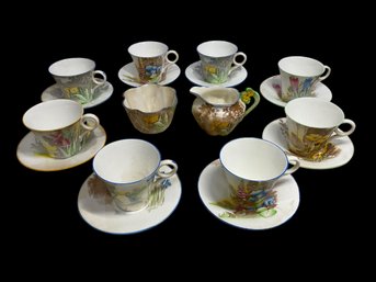 Vintage Shelley Porcelain Set Of Eight Teacups And Saucers And Creamer And Sugar