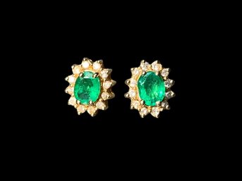 14K Emerald And Diamond Halo Post Earrings