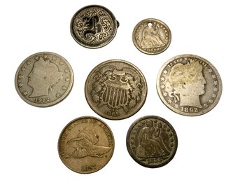 7 Early American Coins 1857 Flying Cent, Barber Quarter, V Nickel, Etc