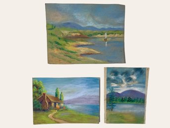 Trio Of Vibrant Antique Landscapes Pastel On Paper