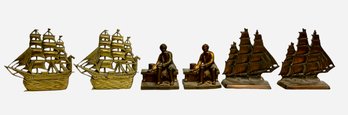 Three Antique Sets Of Metal Bookends Masted Ships And Abraham Lincoln