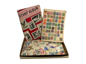 Old Stamp Collection Two Albums And A Box Foreign World Stamps And American