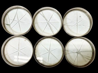 Six Vintage Sterling And Glass Coasters
