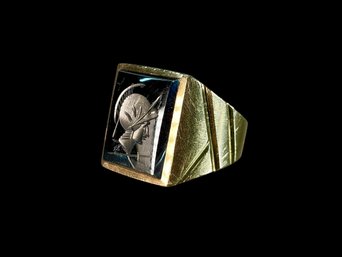 Large Mens Intaglio 10K Signet Style Ring Corinthian Soldier Marcasite Stone