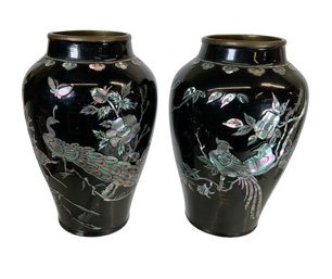 Pair Of Vintage Korean Lacquer And Mother Of Pearl Inlay Vases