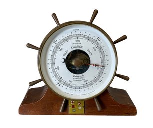 Vintage Airguide Barometer Brass Ship Wheel On Wooden Stand