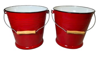 Pair Of Bright Red Enamel New/Old Stock Pails Great For Planters