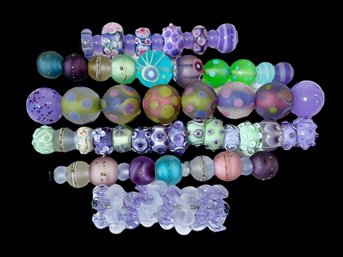 Big Lot Of Handmade Handblown Lampwork Glass Beads Purple And Pastels