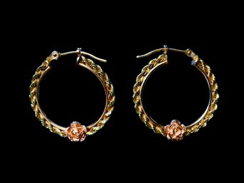 10K Gold Hoop Earrings With Rose Design