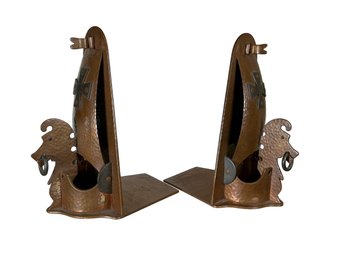 Arts And Crafts Nordic Viking Hammered Copper Brass Bookends Circa 1920s