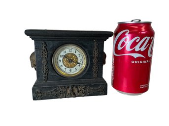 Unusual Antique Ansonia Miniature Mantel Clock With Metal Work Eagle Decoration And Animal Head Handles