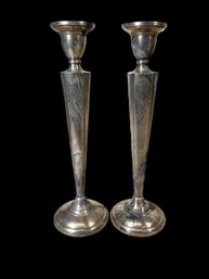 Pair Of Vintage Sterling Weighted Candlesticks With Floral Etched Decoration