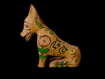 Vintage Mexican Hand Painted And Carved Wood Figure Of A Dog