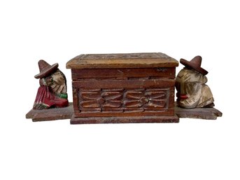 Vintage Mexican Carved Wooden Box With Figures