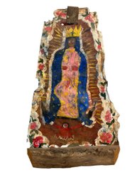 Folk Art Sculpture Painted Tin And Wood Of Madonna Signed Pablo Flores