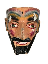 BIG Vintage Folk Art Painted And Carved Wood Articulated Mask Of A Bearded Man