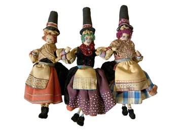 Trio Of Antique Incredibly Detailed Small Witch Dolls