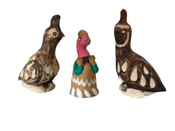 Vintage Porcelain Quail Figurines And A Colorful Mexican Terra Cotta Bird Form Bell