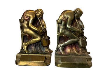 Antique Or Vintage  Pompeian Bronze Clad Cellist Bookends With Classical Figures