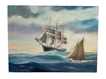 Roland Barker Oil On Canvas Of Downeaster Entering The Sound Society Of Marine Painters