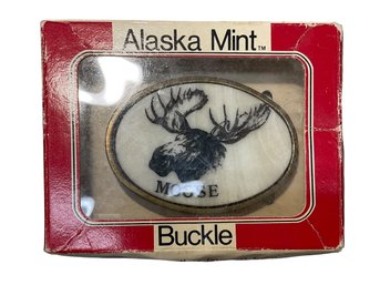 Embossed Agate Moose Brass Belt Buckle Vintage Alaska Mint